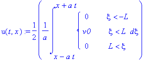 u(t,x) := 1/2*1/a*int(PIECEWISE([0, xi < -L],[v0, xi < L],[0, L < xi]),xi = x-a*t .. x+a*t)
