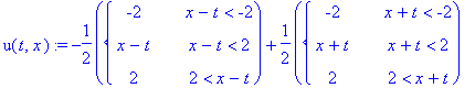 u(t,x) := -1/2*PIECEWISE([-2, x-t < -2],[x-t, x-t < 2],[2, 2 < x-t])+1/2*PIECEWISE([-2, x+t < -2],[x+t, x+t < 2],[2, 2 < x+t])