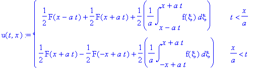 u(t,x) := PIECEWISE([1/2*F(x-a*t)+1/2*F(x+a*t)+1/2*1/a*int(f(xi),xi = x-a*t .. x+a*t), t < x/a],[1/2*F(x+a*t)-1/2*F(-x+a*t)+1/2*1/a*int(f(xi),xi = -x+a*t .. x+a*t), x/a < t])