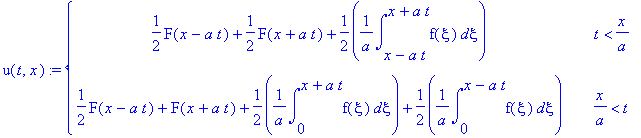 u(t,x) := PIECEWISE([1/2*F(x-a*t)+1/2*F(x+a*t)+1/2*1/a*int(f(xi),xi = x-a*t .. x+a*t), t < x/a],[1/2*F(x-a*t)+F(x+a*t)+1/2*1/a*int(f(xi),xi = 0 .. x+a*t)+1/2*1/a*int(f(xi),xi = 0 .. x-a*t), x/a < t])
