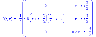 u2(t,x) := -1/2*PIECEWISE([0, x+t < 3/2],[8*(x+t-3/2)*(5/2-x-t), x+t < 5/2],[0, 0 < x+t-5/2])