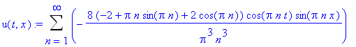 u(t,x) := Sum(-8*(-2+Pi*n*sin(Pi*n)+2*cos(Pi*n))/Pi^3/n^3*cos(Pi*n*t)*sin(Pi*n*x),n = 1 .. infinity)