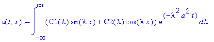 u(t,x) := int((C1(lambda)*sin(lambda*x)+C2(lambda)*cos(lambda*x))*exp(-lambda^2*a^2*t),lambda = -infinity .. infinity)