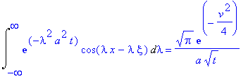 Int(exp(-lambda^2*a^2*t)*cos(lambda*x-lambda*xi),lambda = -infinity .. infinity) = 1/a/t^(1/2)*Pi^(1/2)*exp(-1/4*v^2)