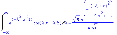 Int(exp(-lambda^2*a^2*t)*cos(lambda*x-lambda*xi),lambda = -infinity .. infinity) = 1/a/t^(1/2)*Pi^(1/2)*exp(-1/4*(-xi+x)^2/a^2/t)