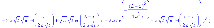 u(t,x) := 1/2*alpha*(Pi^(1/2)*t^(1/2)*erf(1/2*(L+x)/a/t^(1/2))*L+2*a*t*exp(-1/4*(L+x)^2/a^2/t)+x*t^(1/2)*Pi^(1/2)*erf(1/2*(L+x)/a/t^(1/2))-4*a*t*exp(-1/4*x^2/a^2/t)-2*x*t^(1/2)*Pi^(1/2)*erf(1/2*x/a/t^(...