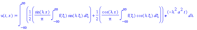 u(t,x) := int((1/2*1/Pi*sin(lambda*x)*int(f(xi)*sin(lambda*xi),xi = -infinity .. infinity)+1/2*1/Pi*cos(lambda*x)*int(f(xi)*cos(lambda*xi),xi = -infinity .. infinity))*exp(-lambda^2*a^2*t),lambda = -in...