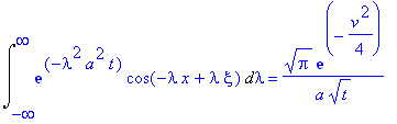 Int(exp(-lambda^2*a^2*t)*cos(-lambda*x+lambda*xi),lambda = -infinity .. infinity) = 1/a/t^(1/2)*Pi^(1/2)*exp(-1/4*v^2)