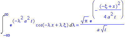 Int(exp(-lambda^2*a^2*t)*cos(-lambda*x+lambda*xi),lambda = -infinity .. infinity) = 1/a/t^(1/2)*Pi^(1/2)*exp(-1/4*(-xi+x)^2/a^2/t)