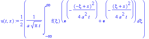 u(t,x) := 1/2*1/a/(Pi*t)^(1/2)*int(f(xi)*(exp(-1/4*(-xi+x)^2/a^2/t)+exp(-1/4*(xi+x)^2/a^2/t)),xi = -infinity .. infinity)