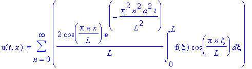 u(t,x) := sum(2/L*cos(Pi*n/L*x)*exp(-Pi^2*n^2/L^2*a^2*t)*int(f(xi)*cos(Pi*n/L*xi),xi = 0 .. L),n = 0 .. infinity)