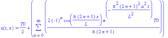 u(t,x) := 1/2*T0+sum(2*(-1)^n*cos(Pi*(2*n+1)/L*x)*exp(-Pi^2*(2*n+1)^2/L^2*a^2*t)*T0/Pi/(2*n+1),n = 0 .. infinity)